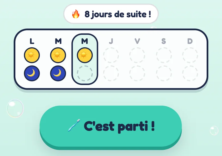 Capture de l'app&nbsp;: le calendrier de la semaine, 8 jours de suite et le bouton «&nbsp;C'est parti&nbsp;!&nbsp;»