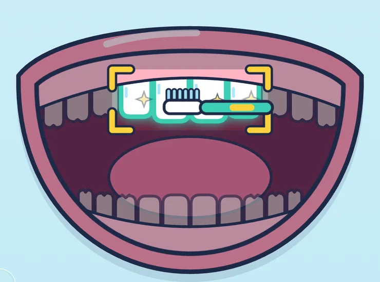 Capture de l'app&nbsp;: la bouche animée, les dents de devant en haut sont éclairées et la brosse passe dessus